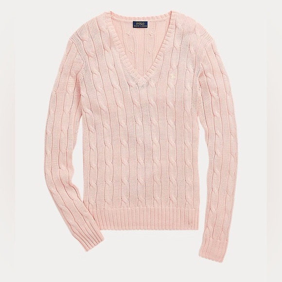 Polo Ralph Lauren Women's Light Pink Cable Cotton V-Neck Sweater